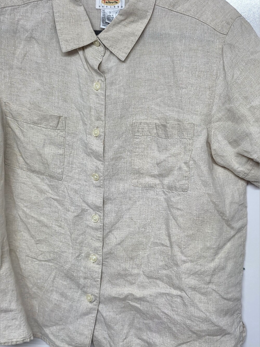 Talbots Petites Large beige Irish Linen button-down shirt dual chest pockets